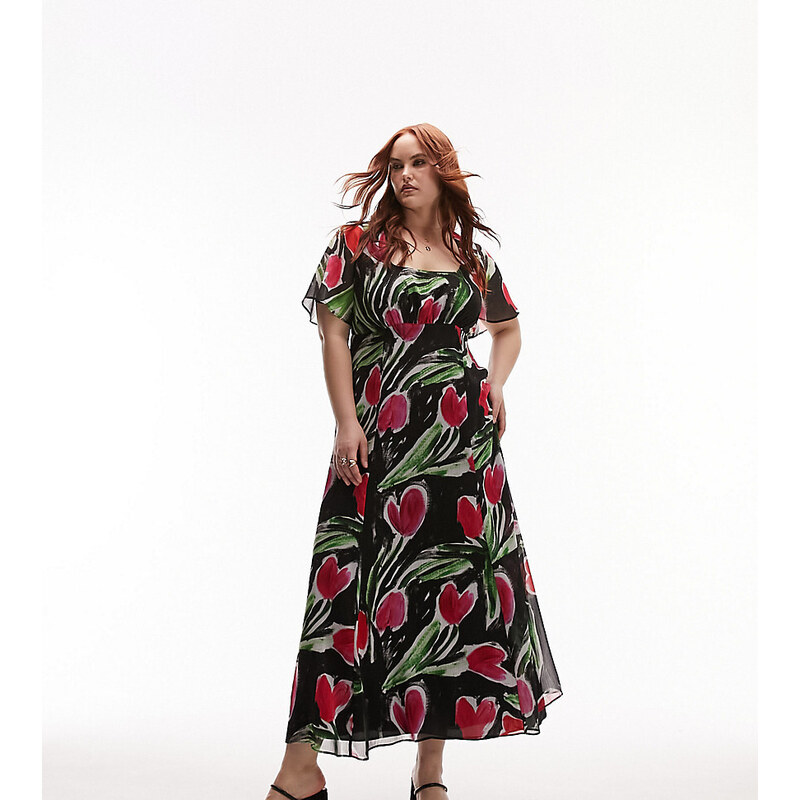 Topshop curve printed floral midi tea dress in red and purple