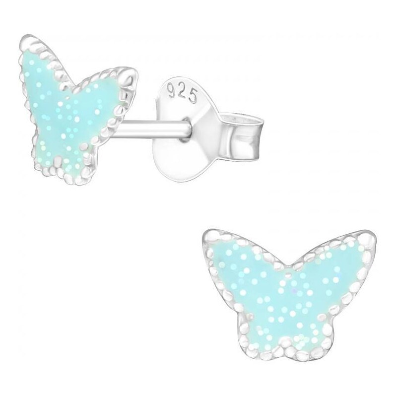 Stříbrné motýl barevné puzetové náušnice - Blue Glitter