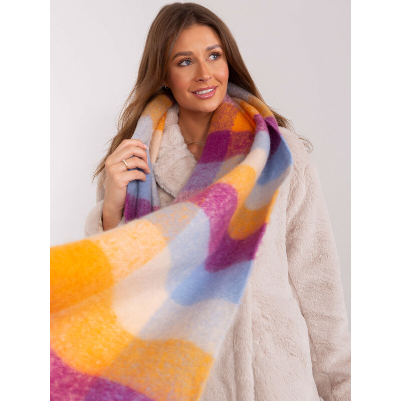 Wool Fashion Italia Fialový a oranžový dámský široký kostkovaný šátek 89093557