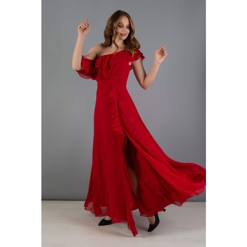 Carmen Red Chiffon Ruffled Shoulder Slit Evening Dress