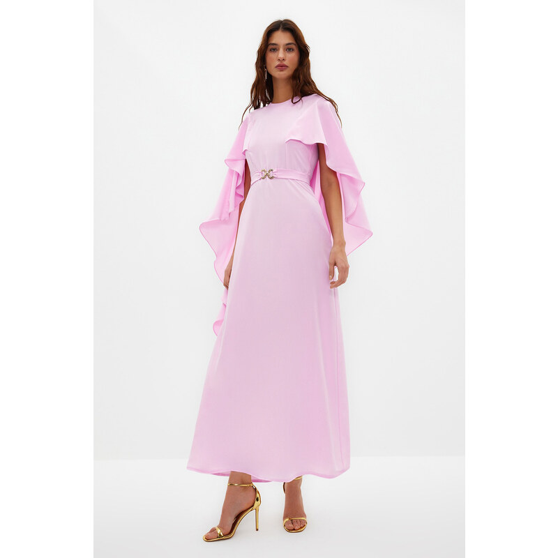 Trendyol Lilac Belted Cape Detailed Elegant Woven Evening Dress