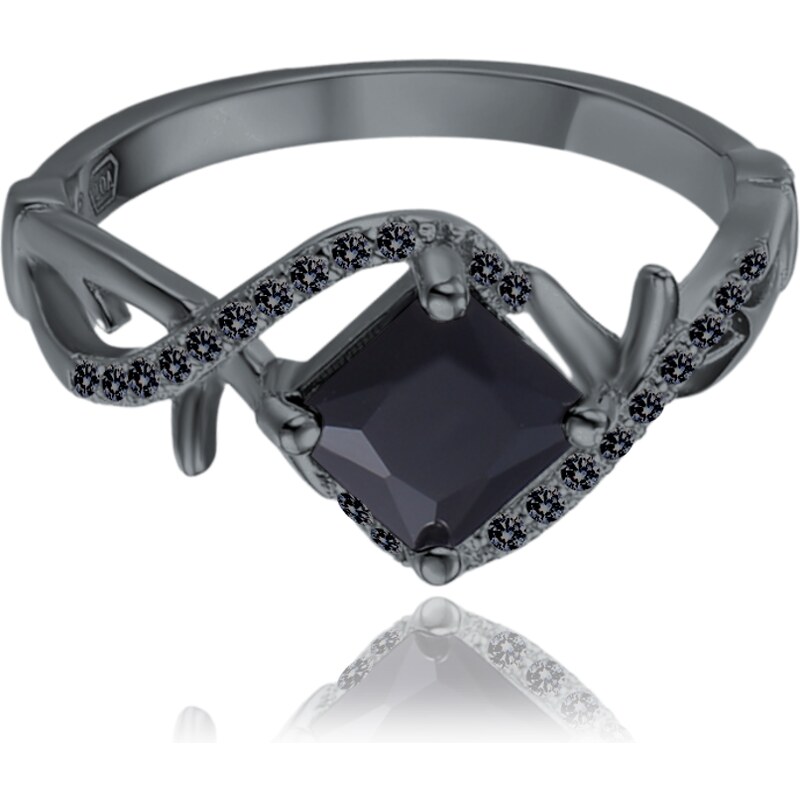MINET Křížený černý stříbrný prsten s černým zirkonem vel. 56