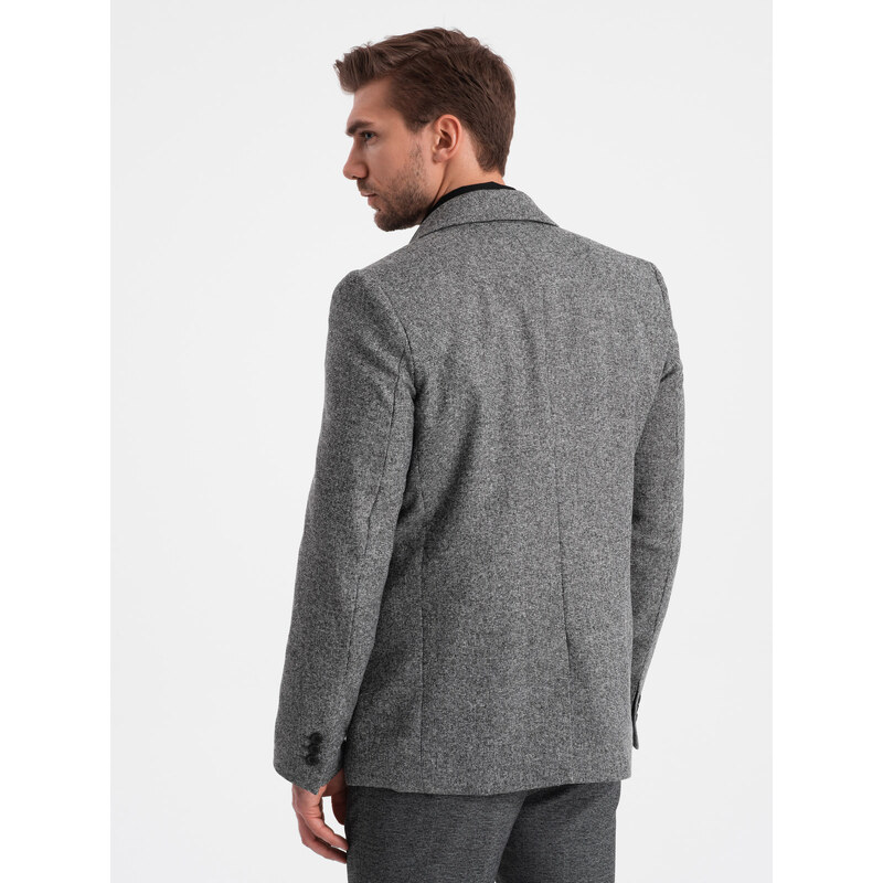 Ombre Clothing Pánské sako s ozdobnou sponou na klopě - šedý melír V1 OM-BLZB-0120