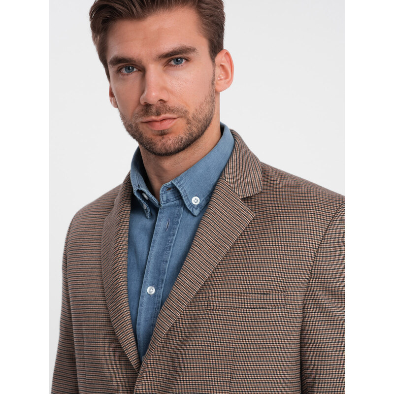 Ombre Clothing Pánské sako v jemné kostkované barvě - hnědé V1 OM-BLZB-0116