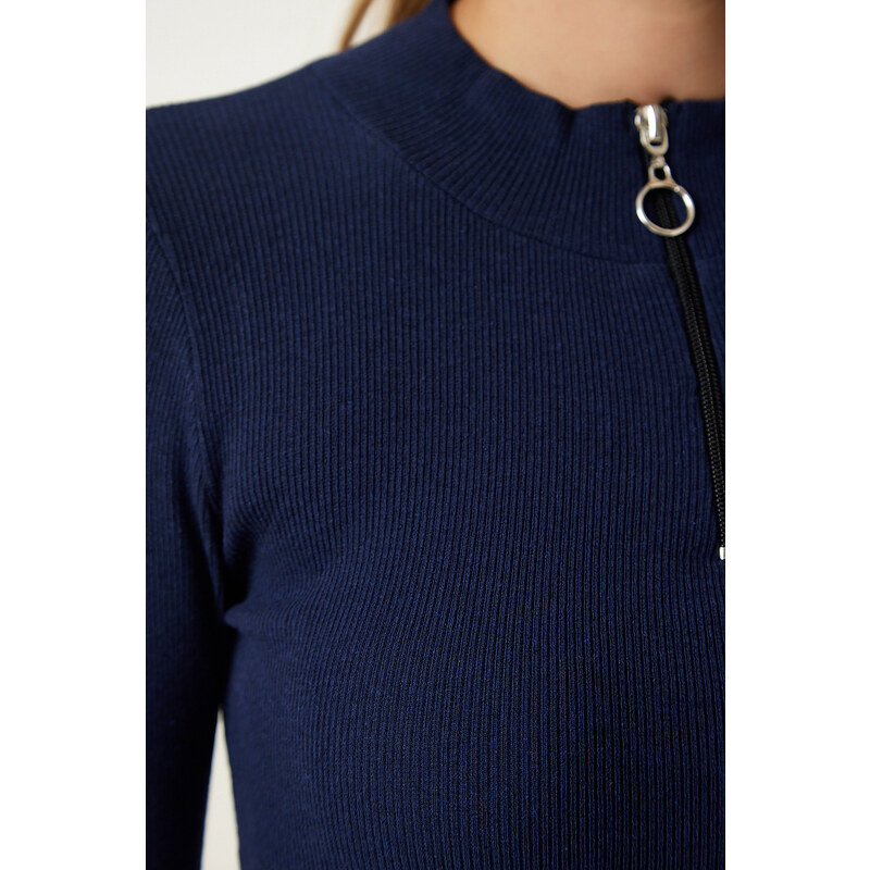 Happiness İstanbul Women's Navy Blue Zipper Collar Knitted Blouse