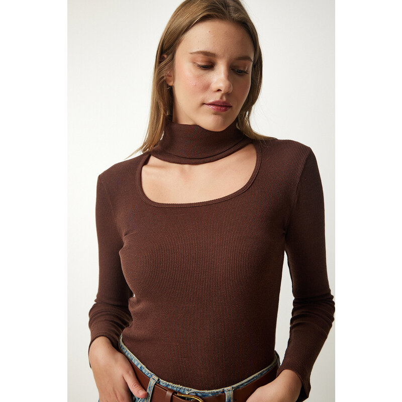 Happiness İstanbul Women's Brown Cut Out Detailed Turtleneck Ribbed Knitted Blouse