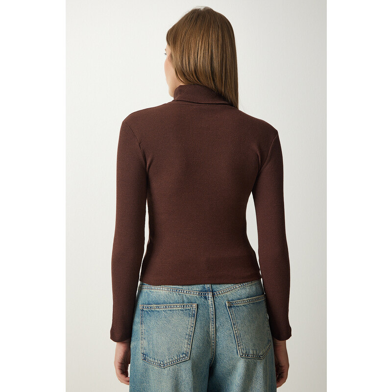 Happiness İstanbul Women's Brown Cut Out Detailed Turtleneck Ribbed Knitted Blouse