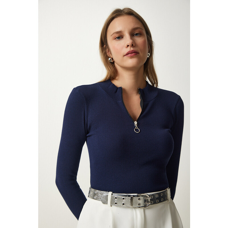 Happiness İstanbul Women's Navy Blue Zipper Collar Knitted Blouse