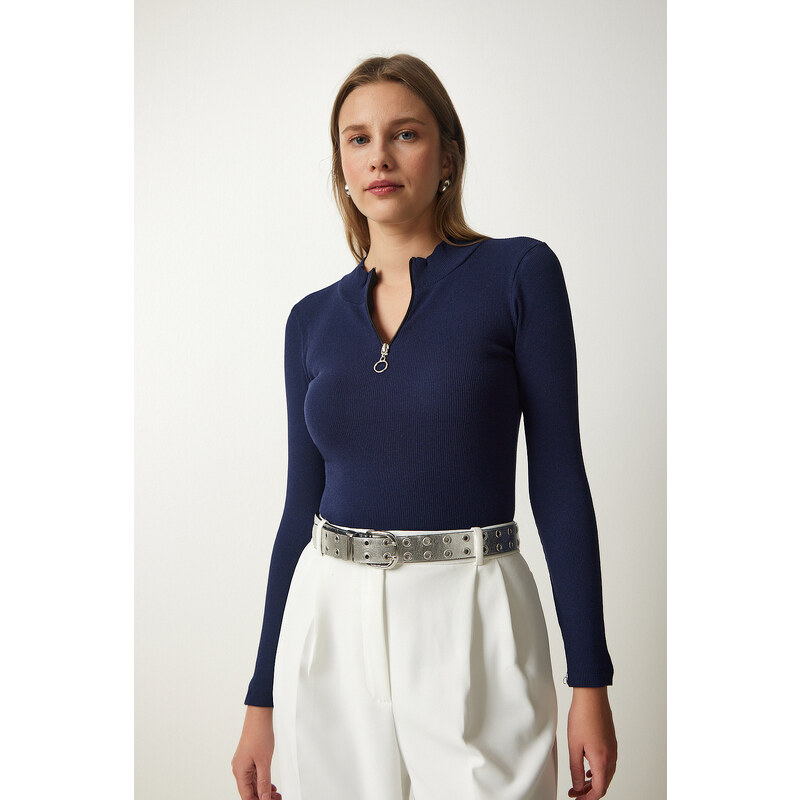 Happiness İstanbul Women's Navy Blue Zipper Collar Knitted Blouse