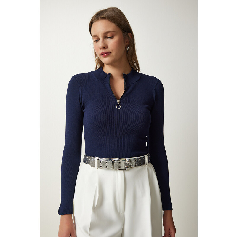Happiness İstanbul Women's Navy Blue Zipper Collar Knitted Blouse