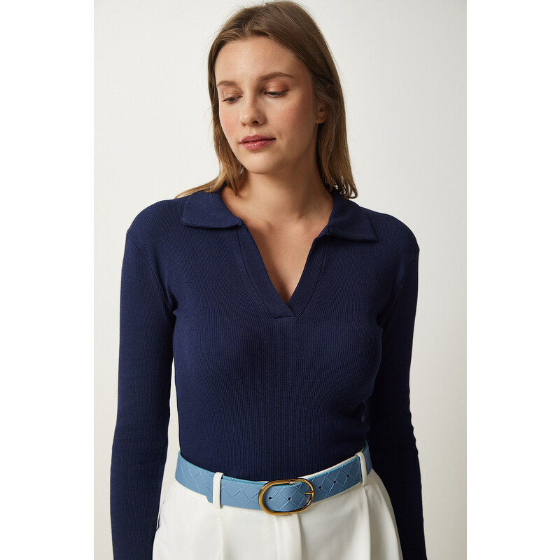 Happiness İstanbul Women's Navy Blue Polo Neck Ribbed Knitted Blouse