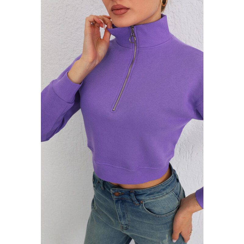 BİKELİFE Women's Lilac Zipper Fleece Knitted Sweatshirt Crop