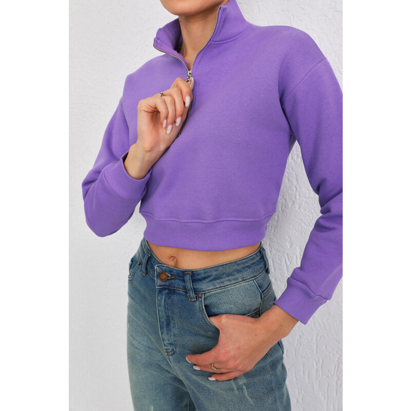 BİKELİFE Women's Lilac Zipper Fleece Knitted Sweatshirt Crop