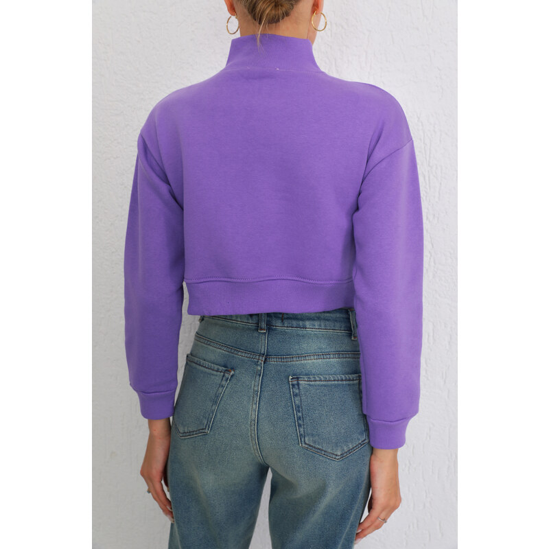 BİKELİFE Women's Lilac Zipper Fleece Knitted Sweatshirt Crop