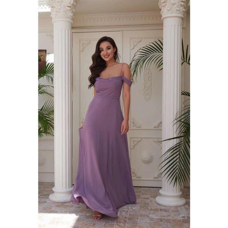 Carmen Lavender Chiffon Low Sleeve Long Evening Dress