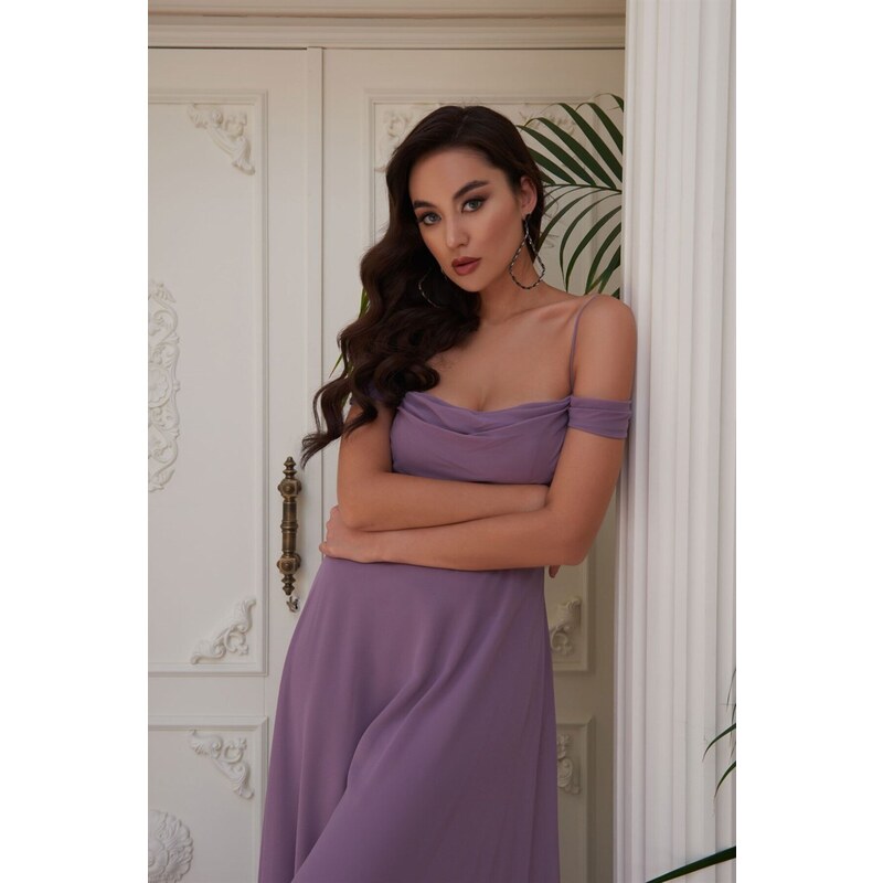 Carmen Lavender Chiffon Low Sleeve Long Evening Dress