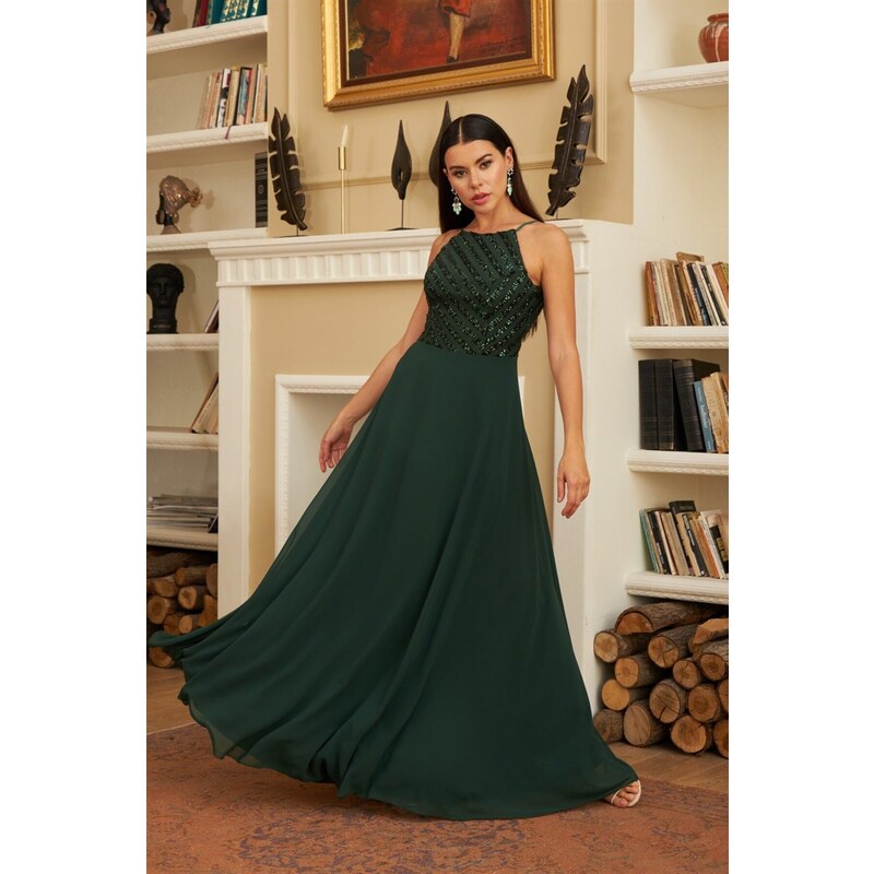 Carmen Emerald Sequined Long Evening Dress