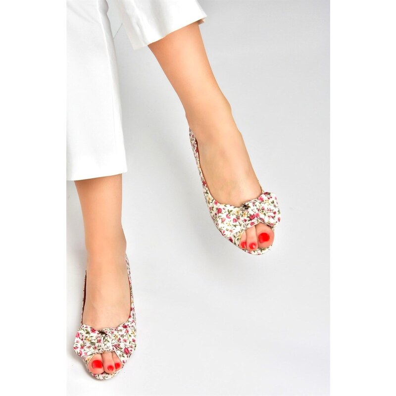 Fox Shoes Beige/red Linen Women's Flats with Floral Print