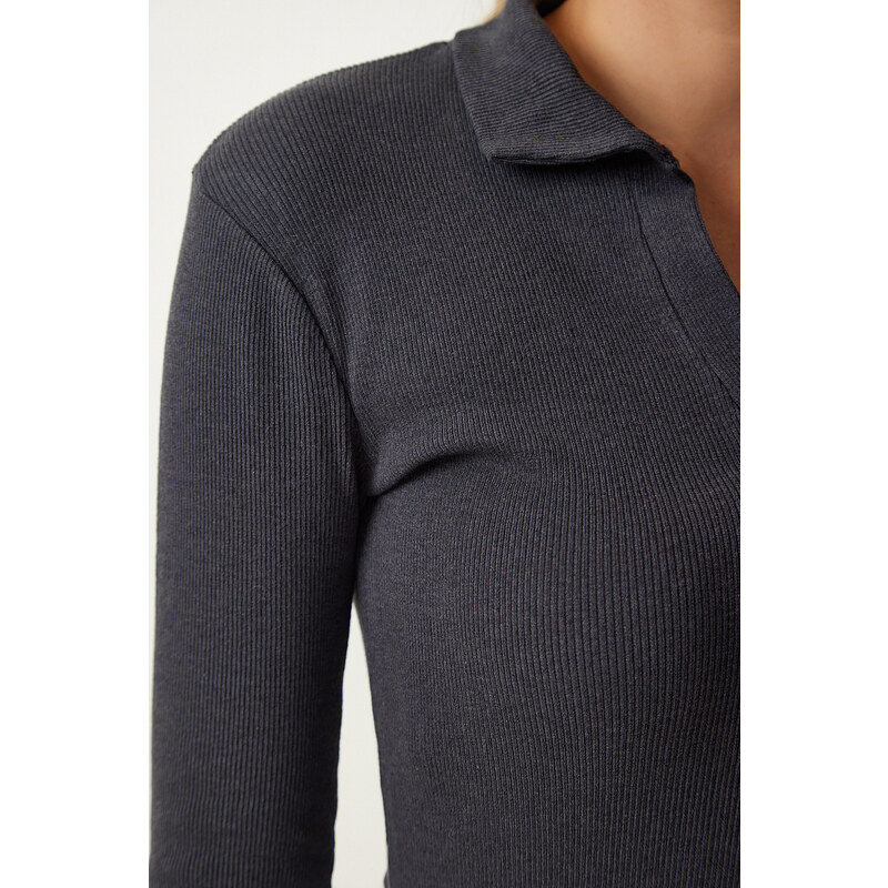 Happiness İstanbul Women's Anthracite Polo Neck Ribbed Knitted Blouse
