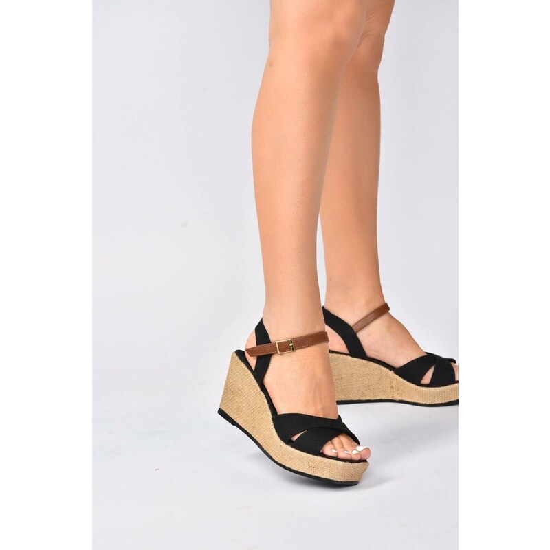 Fox Shoes Black Linen Wedge Heeled Shoes