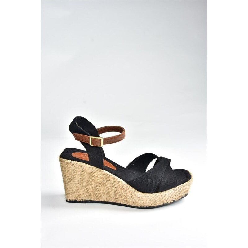 Fox Shoes Black Linen Wedge Heeled Shoes