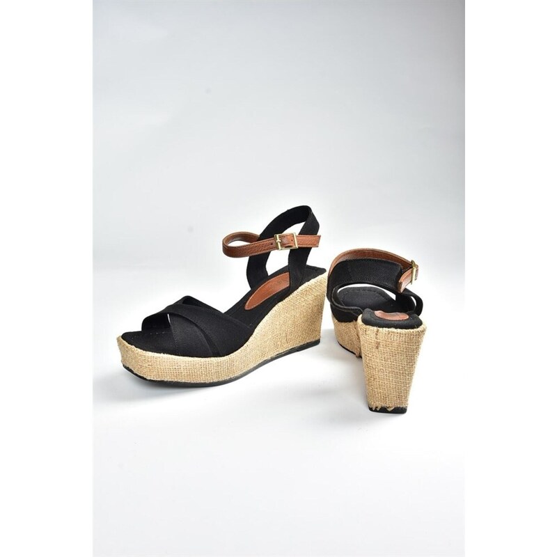 Fox Shoes Black Linen Wedge Heeled Shoes