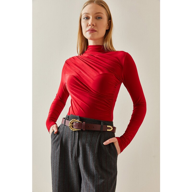 XHAN Red Draped Flowy & Lycra Blouse