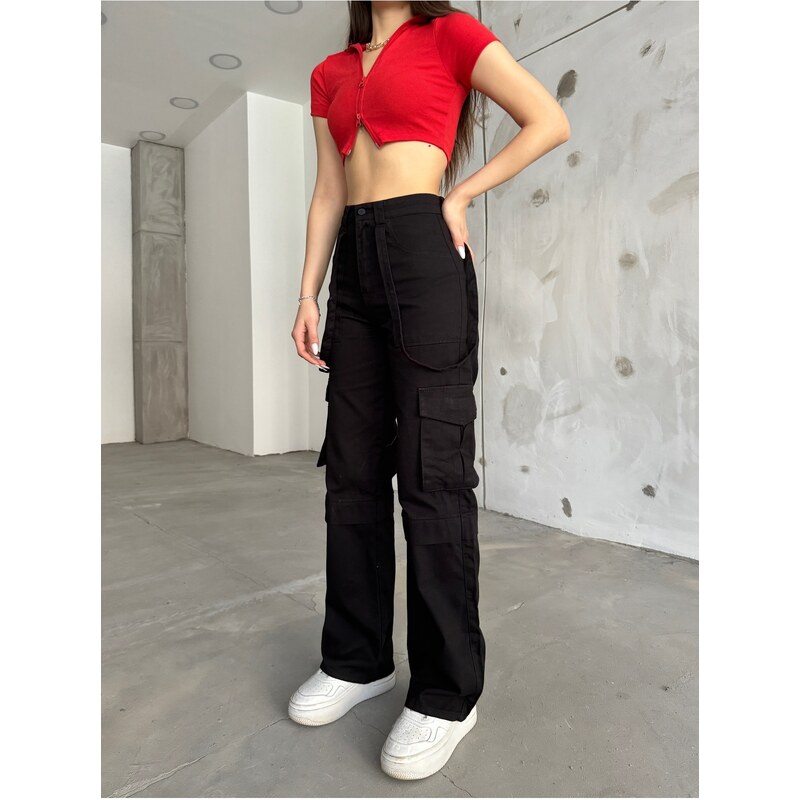 BİKELİFE Women's Black High Waist Multi Pockets Strap Detail Straight Fit Cargo Pants