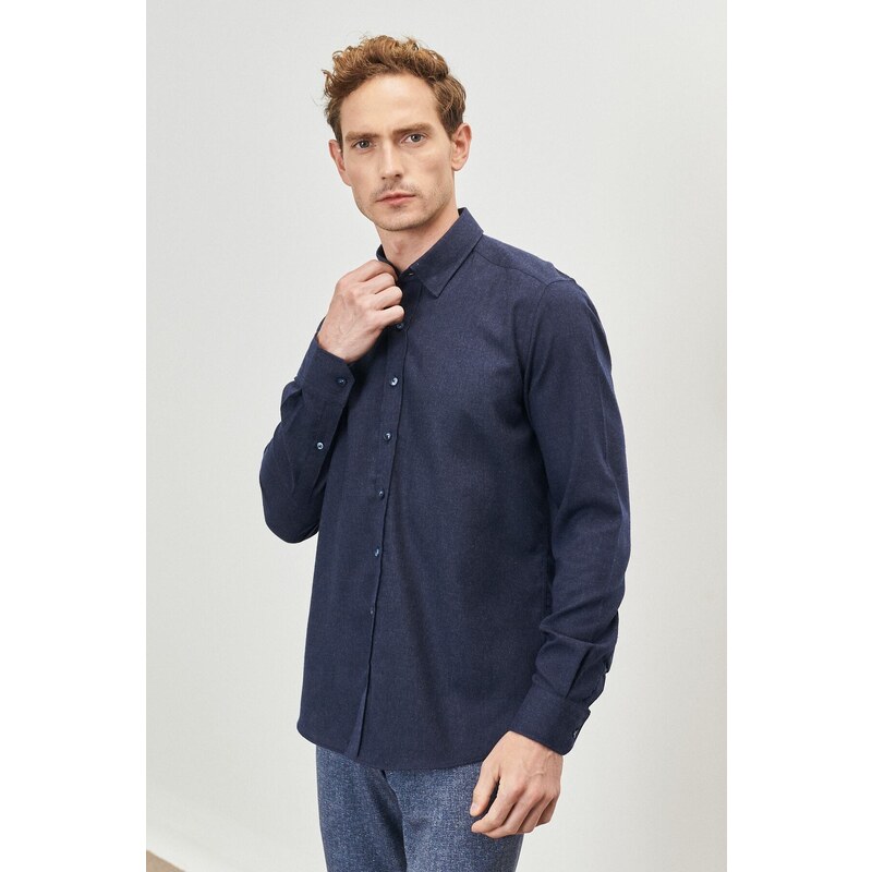 ALTINYILDIZ CLASSICS Men's Navy Blue Slim Fit Slim Fit Buttoned Collar Flannel Lumberjack Shirt.