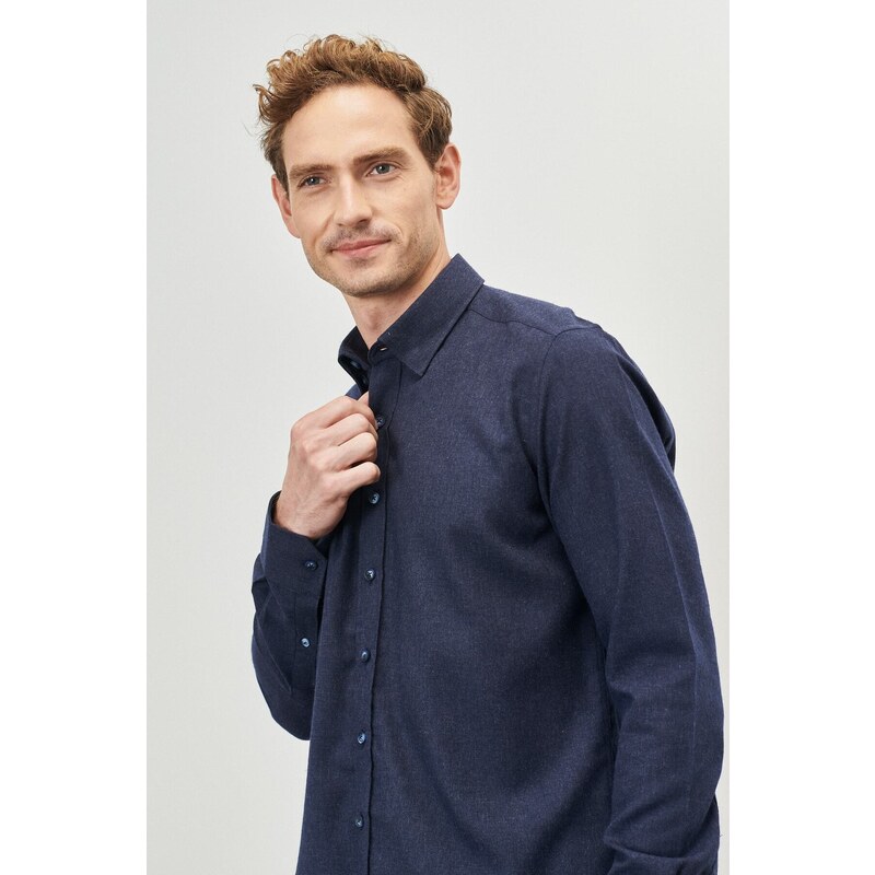 ALTINYILDIZ CLASSICS Men's Navy Blue Slim Fit Slim Fit Buttoned Collar Flannel Lumberjack Shirt.