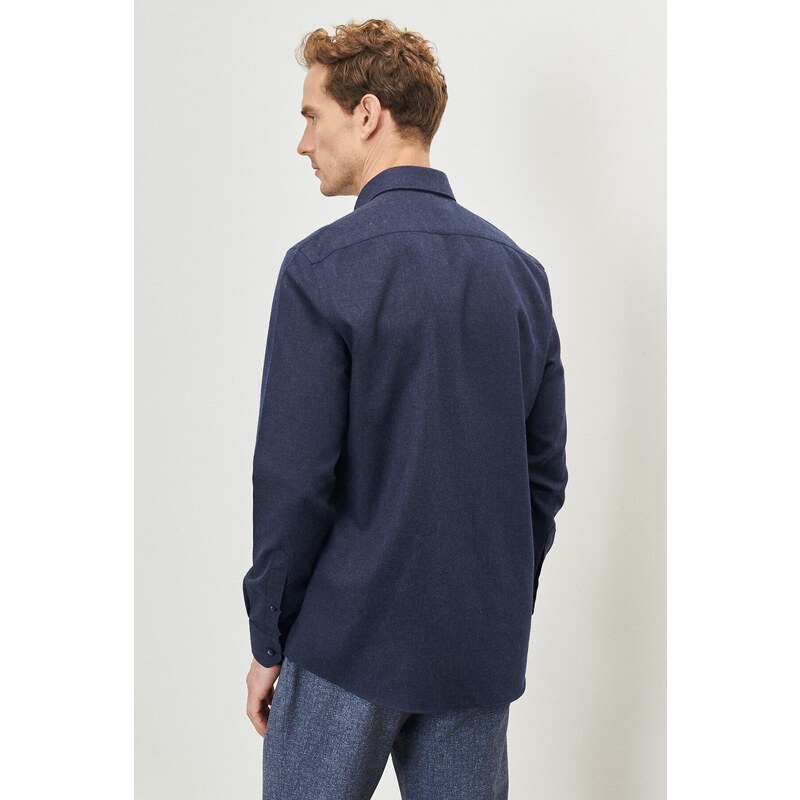 ALTINYILDIZ CLASSICS Men's Navy Blue Slim Fit Slim Fit Buttoned Collar Flannel Lumberjack Shirt.