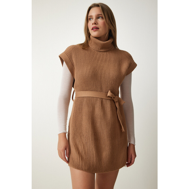 Happiness İstanbul Women's Biscuit Turtleneck Belted Knitwear Sweater