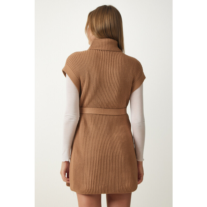 Happiness İstanbul Women's Biscuit Turtleneck Belted Knitwear Sweater