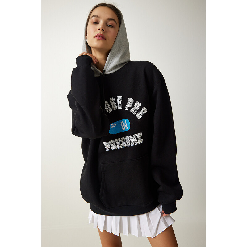 Happiness İstanbul Women's Black Hooded Rack Printed Sweatshirt