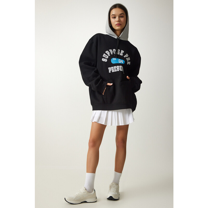 Happiness İstanbul Women's Black Hooded Rack Printed Sweatshirt