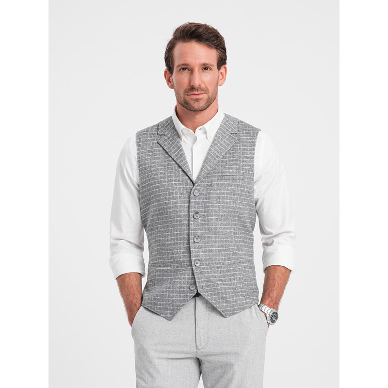 Ombre Clothing Pánská vesta z vlněné směsi s kostkovanými klopami - světle šedá V2 OM-BLZV-0110