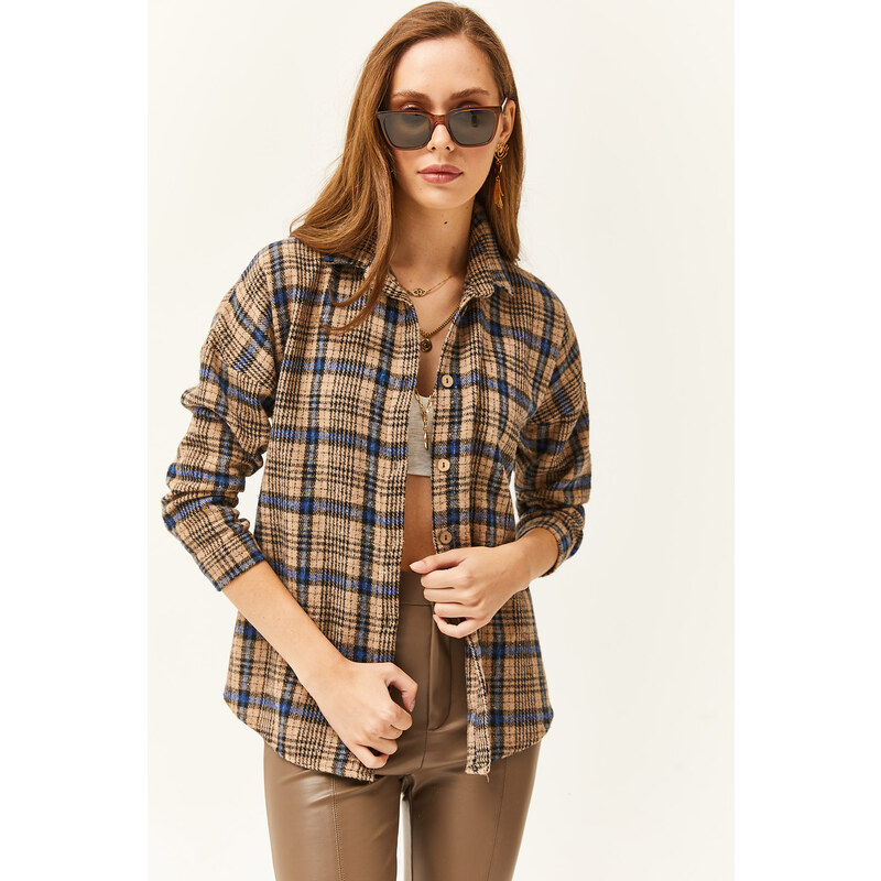 Olalook Women's Camel Navy Blue Plaid Lumberjack Shirt