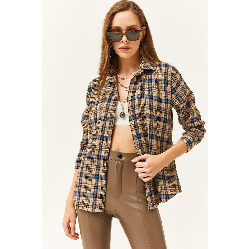 Olalook Women's Camel Navy Blue Plaid Lumberjack Shirt