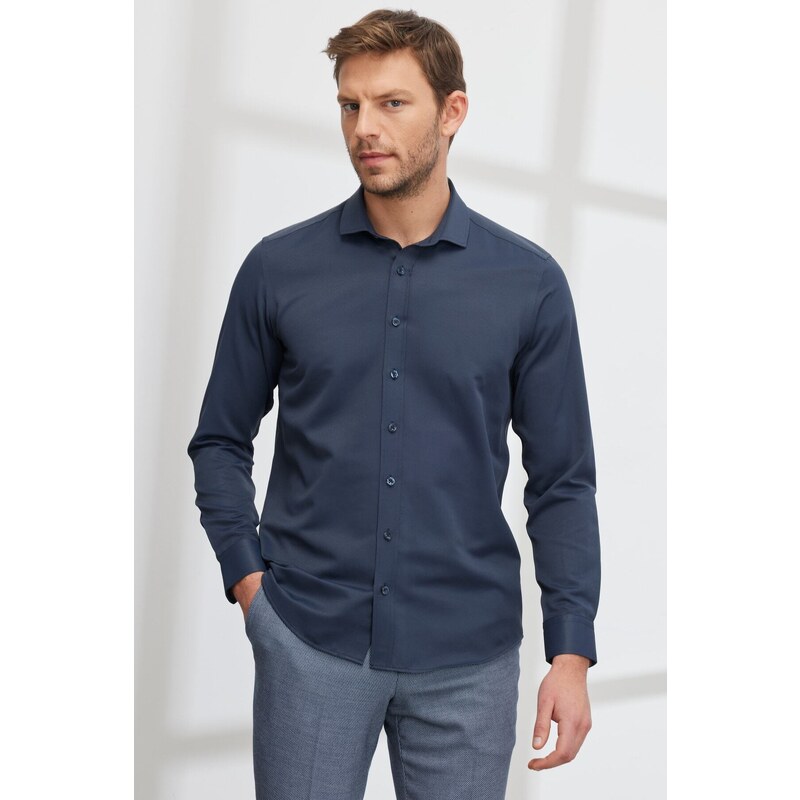 AC&Co / Altınyıldız Classics Men's Navy Blue Slim Fit Slim Fit Italian Collar Dobby Shirt.