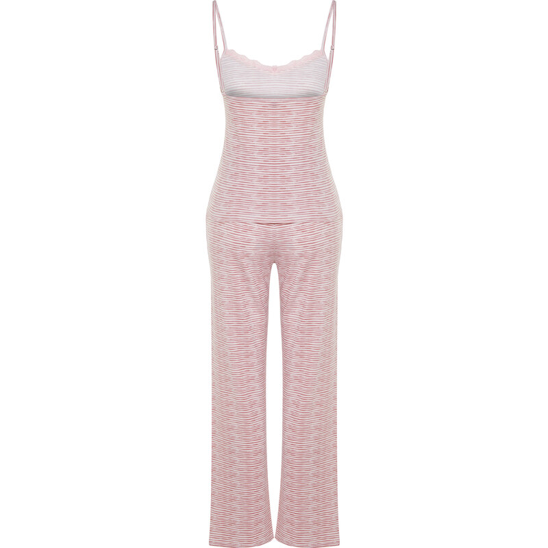 Trendyol Powder Striped Lace Detailed Cotton Singlet-Pants Knitted Pajamas Set