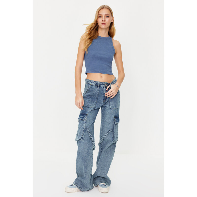 Trendyol Blue Cargo Pocket High Waist Wide Leg Jeans