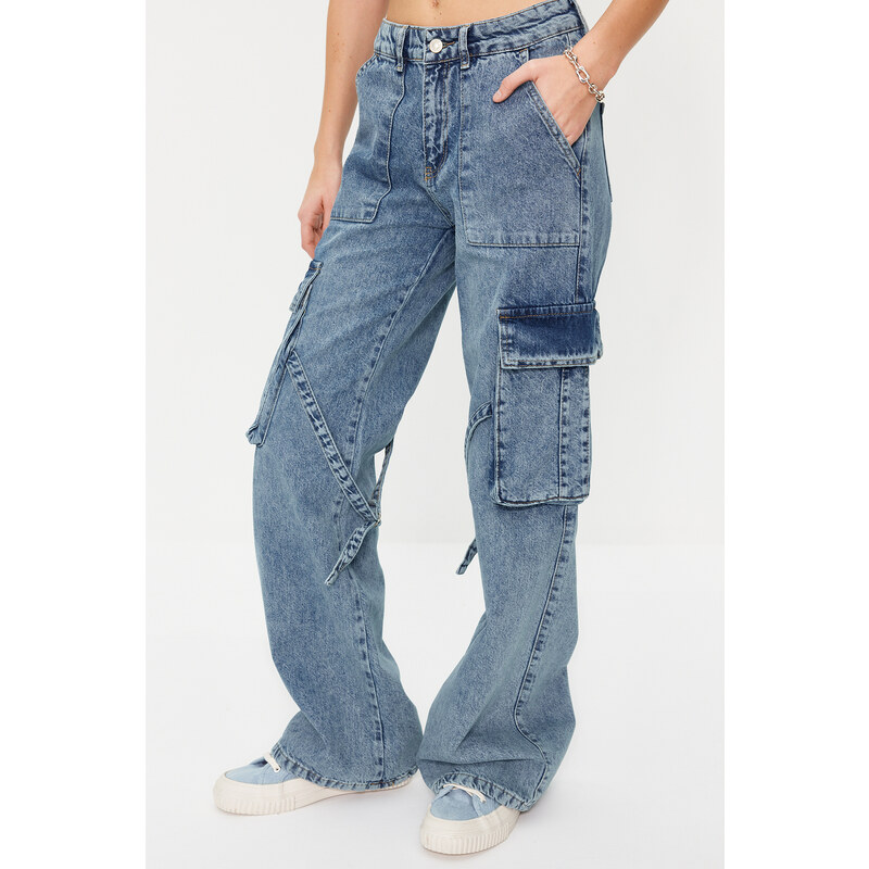 Trendyol Blue Cargo Pocket High Waist Wide Leg Jeans