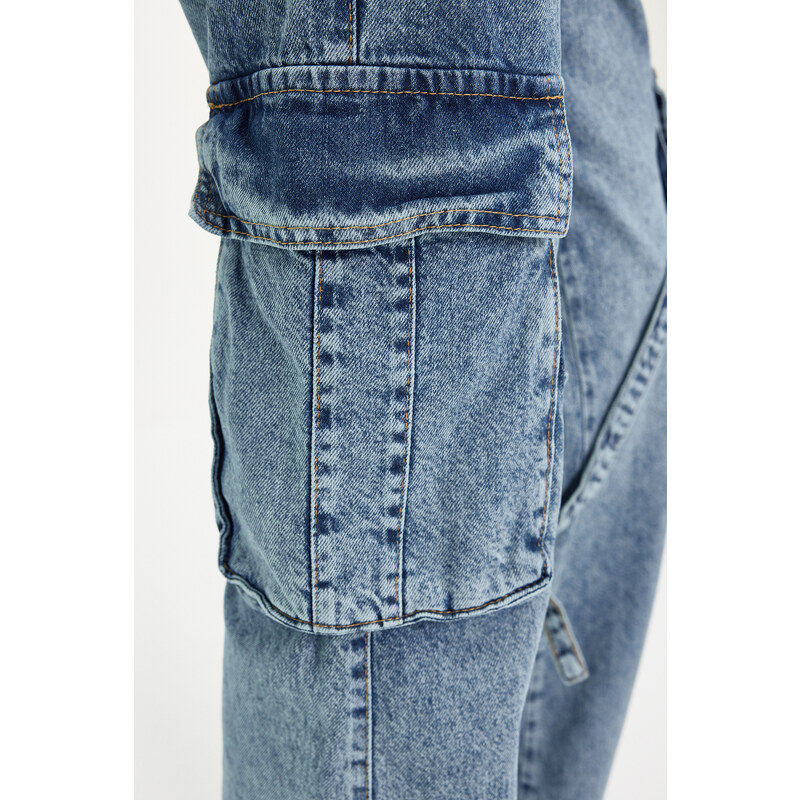 Trendyol Blue Cargo Pocket High Waist Wide Leg Jeans