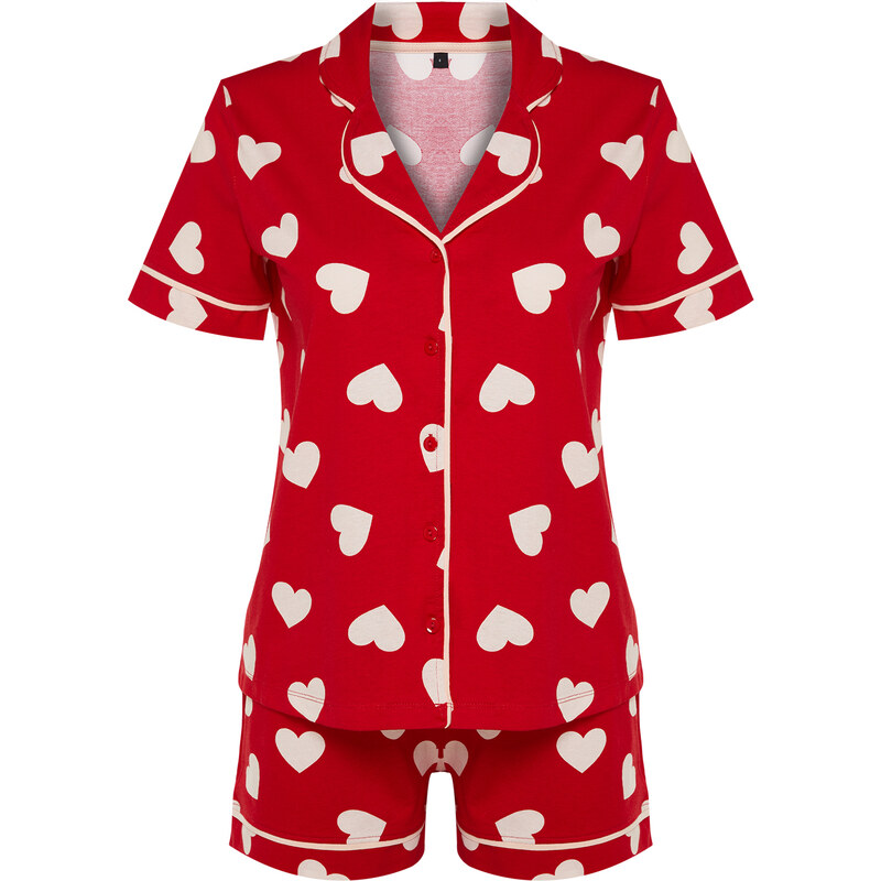 Trendyol Red 100% Cotton Heart Patterned Piping Detailed Shirt-Shorts Knitted Pajamas Set