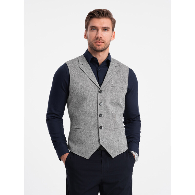 Ombre Clothing Pánská obleková vesta s límcem - šedá V2 OM-BLZV-0105