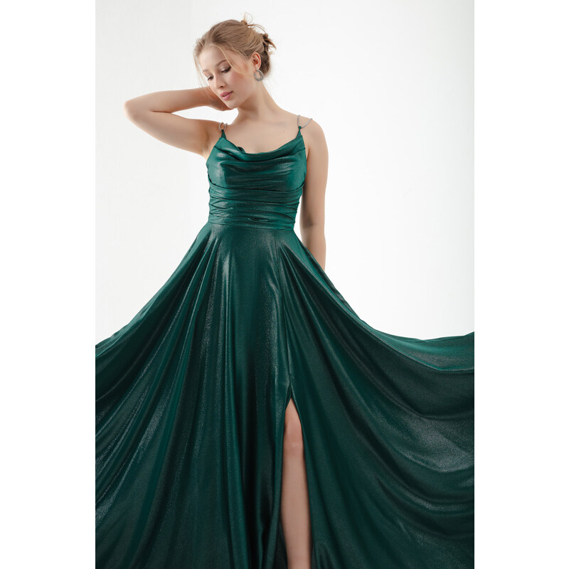 Lafaba Women's Emerald Green Stone Strap Draped Flare Cut Long Evening Dress