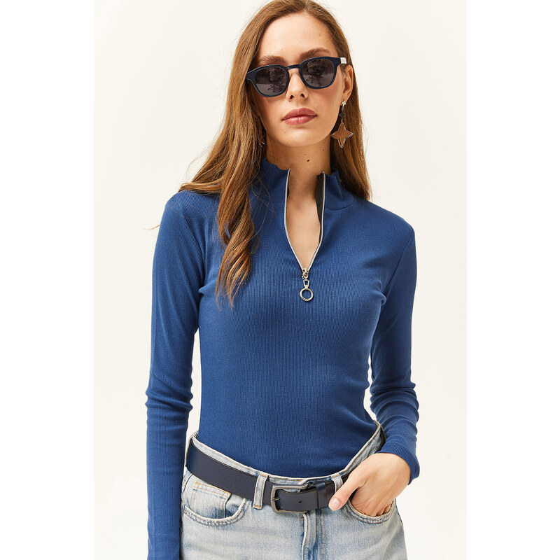 Olalook Women's Indigo Zipper Turtleneck Lycra Blouse