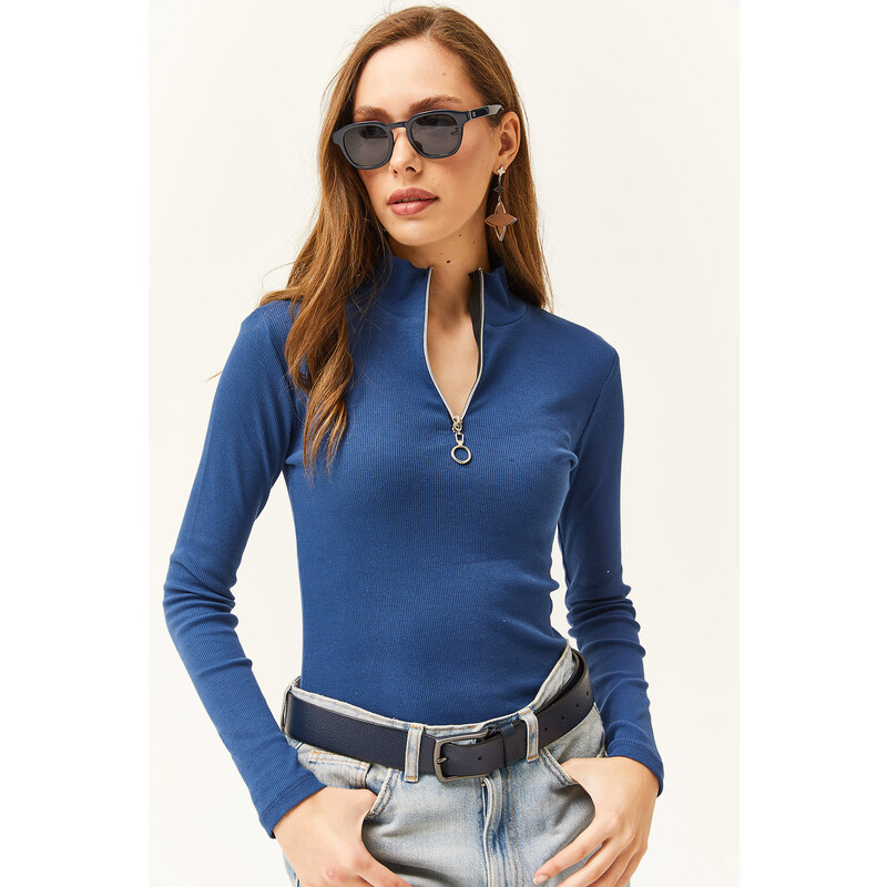 Olalook Women's Indigo Zipper Turtleneck Lycra Blouse