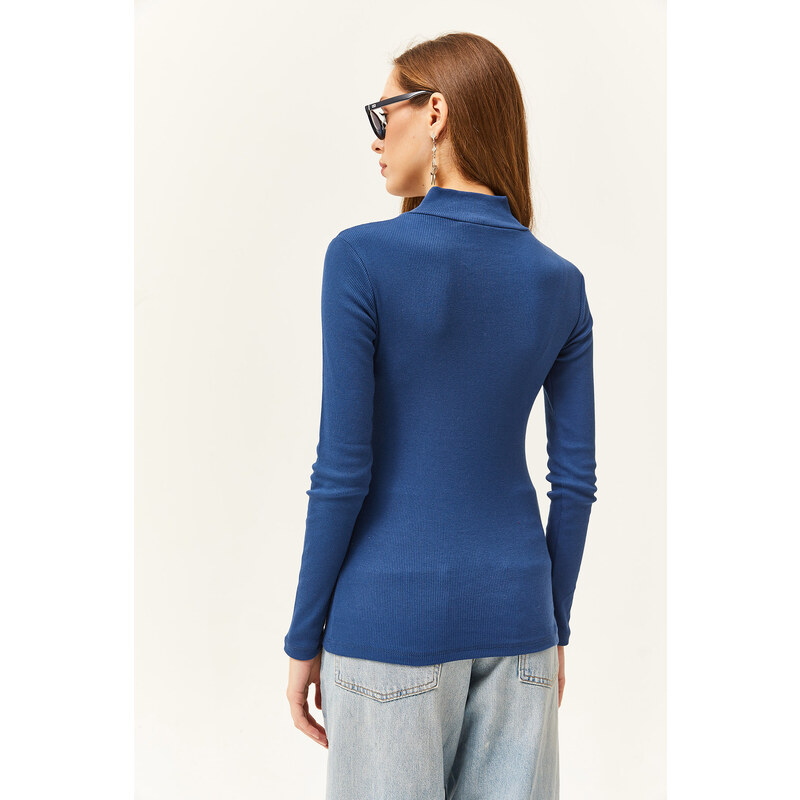 Olalook Women's Indigo Zipper Turtleneck Lycra Blouse