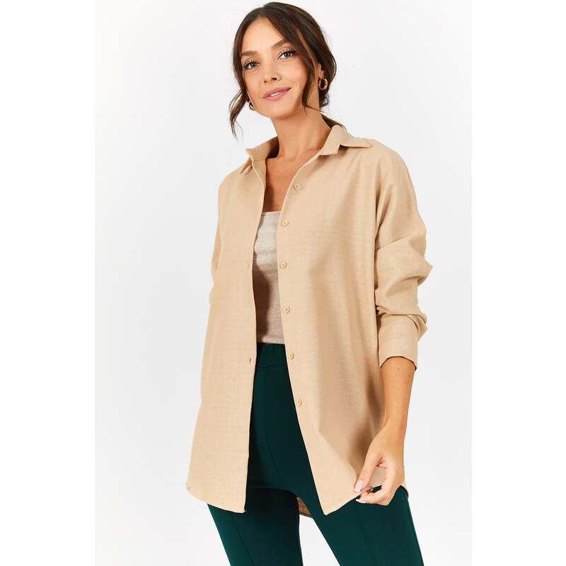 armonika Women's Beige Oversize Long Basic Shirt